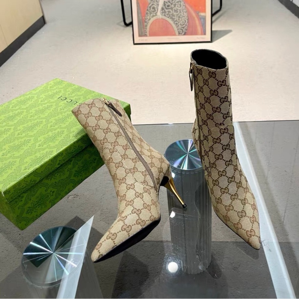 Gucci Beige GG Monogram Pointed Toe Gold Stiletto Ankle Boots